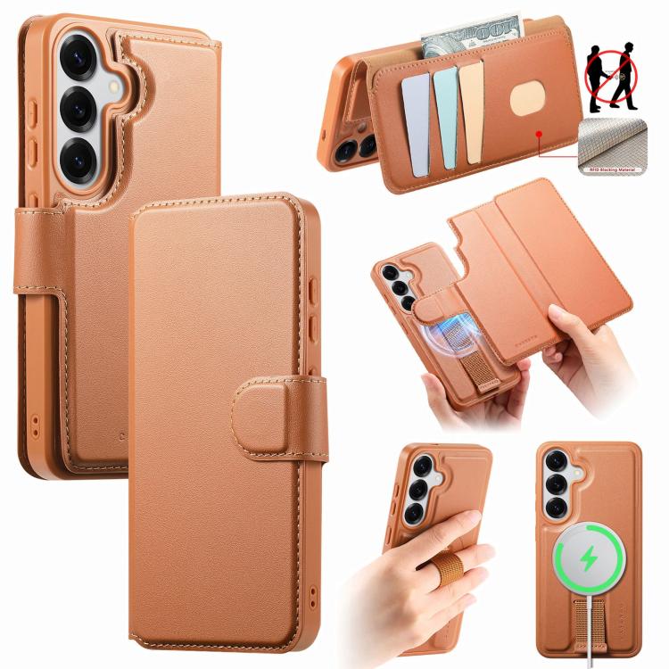 For Samsung Galaxy S26 5G CaseNeo Finger Grip Strap MagSafe Leather Phone Case(Brown)