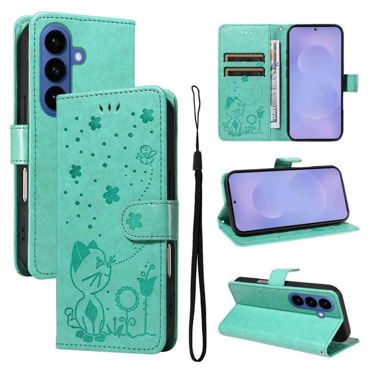 For Samsung Galaxy S26 5G Cat and Bee Embossed Flip Leather Phone Case(Green)