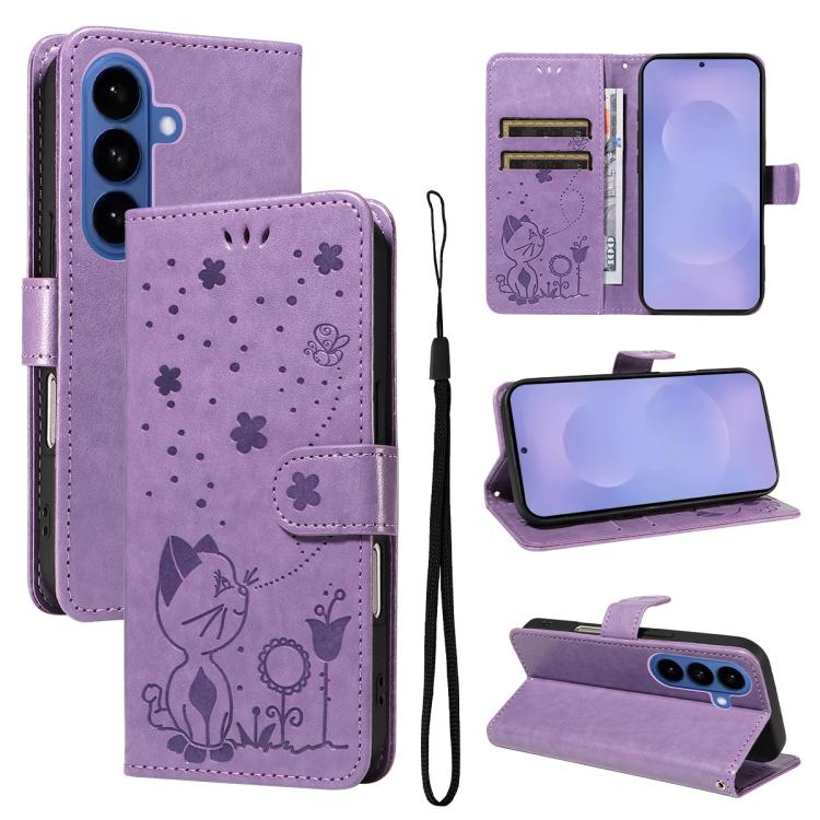 For Samsung Galaxy S26 5G Cat and Bee Embossed Flip Leather Phone Case(Purple)