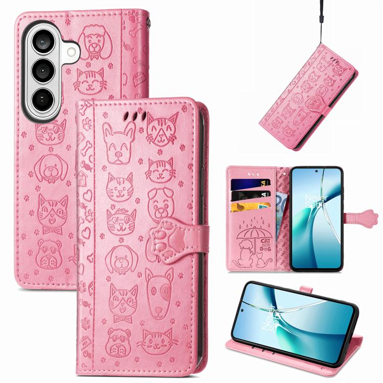 For Samsung Galaxy S26 5G Cat and Dog Embossed Leather Phone Case(Pink)