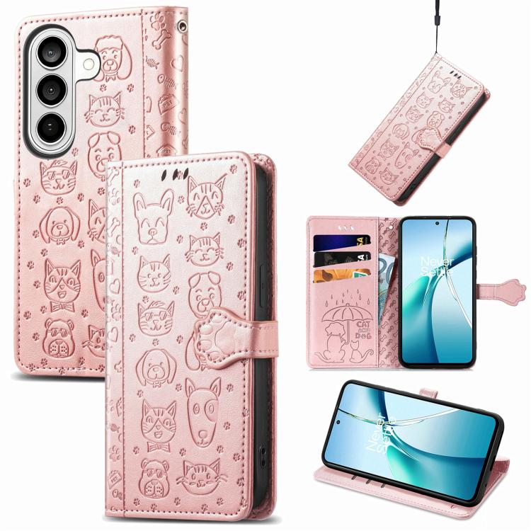 For Samsung Galaxy S26 5G Cat and Dog Embossed Leather Phone Case(Rose Gold)