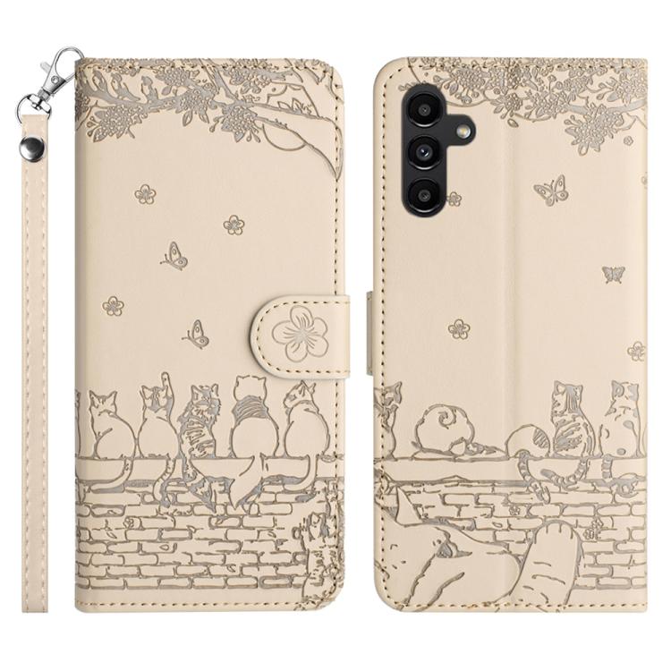 For Samsung Galaxy S26 5G Cat Embossing Pattern Leather Phone Case with Lanyard(Beige)