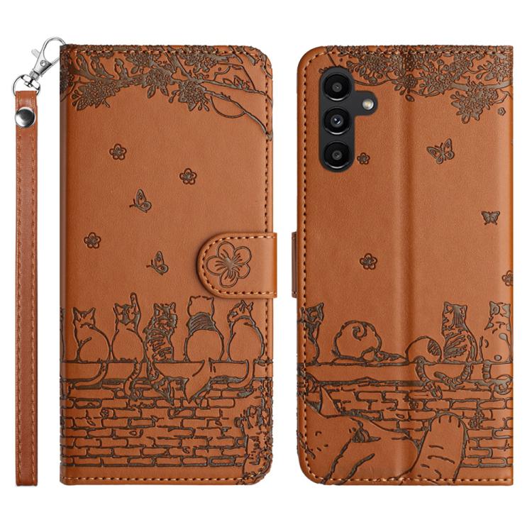 For Samsung Galaxy S26 5G Cat Embossing Pattern Leather Phone Case with Lanyard(Brown)