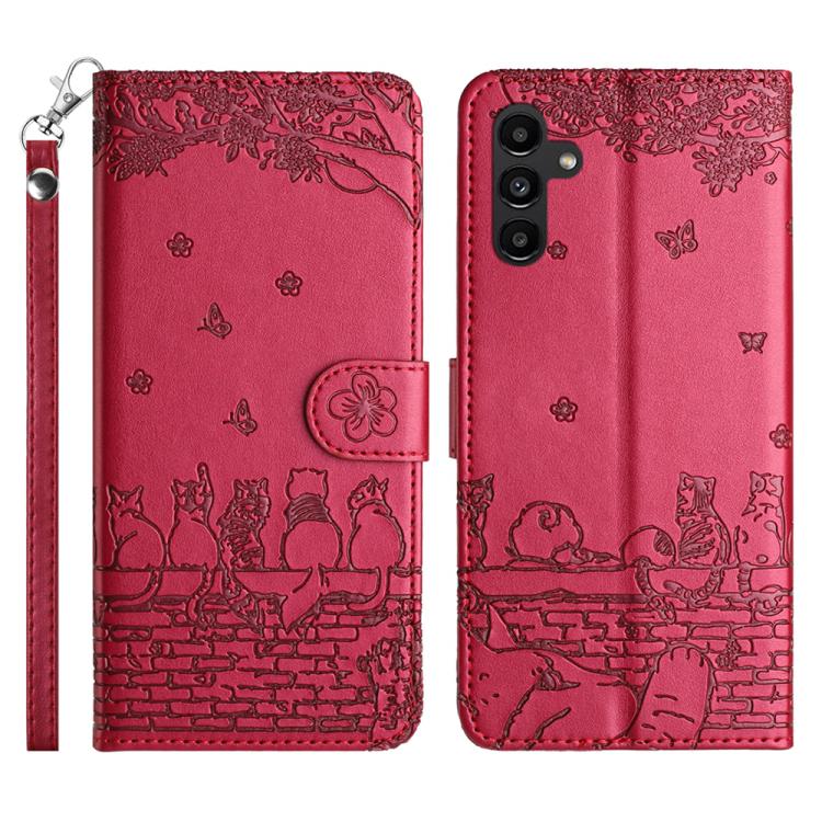 For Samsung Galaxy S26 5G Cat Embossing Pattern Leather Phone Case with Lanyard(Red)