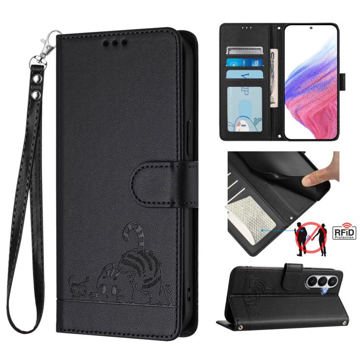 For Samsung Galaxy S26 5G Cat Rat Embossed Pattern RFID Leather Phone Case with Lanyard(Black)