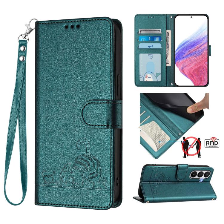 For Samsung Galaxy S26 5G Cat Rat Embossed Pattern RFID Leather Phone Case with Lanyard(Peacock Green)