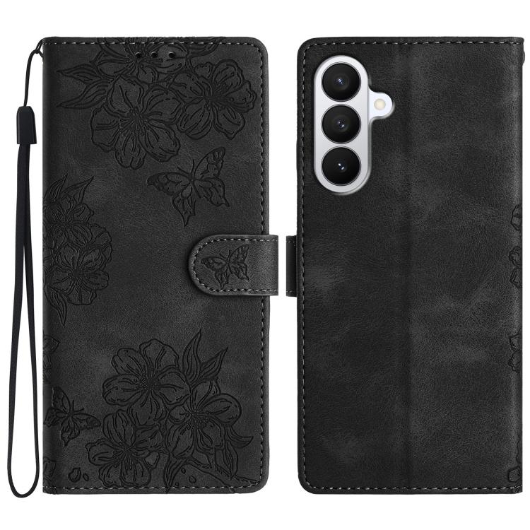 For Samsung Galaxy S26 5G Cherry Blossom Butterfly Skin Feel Embossed PU Phone Case(Black)