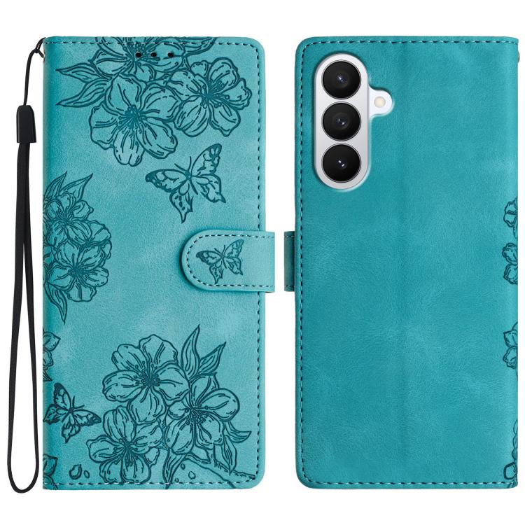 For Samsung Galaxy S26 5G Cherry Blossom Butterfly Skin Feel Embossed PU Phone Case(Green)