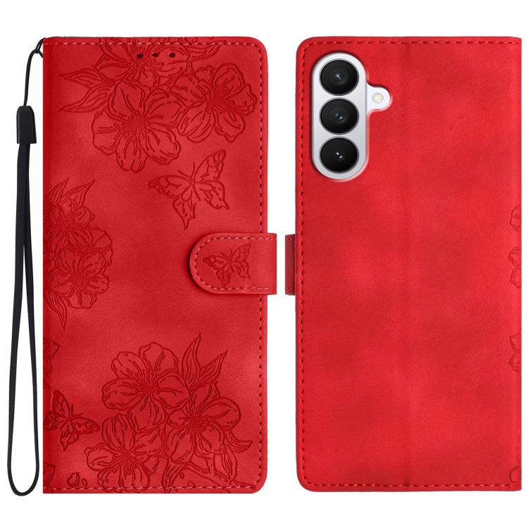 For Samsung Galaxy S26 5G Cherry Blossom Butterfly Skin Feel Embossed PU Phone Case(Red)