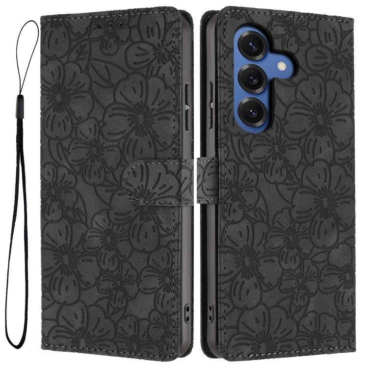 For Samsung Galaxy S26 5G Cherry Blossoms Embossed Leather Phone Case(Black)