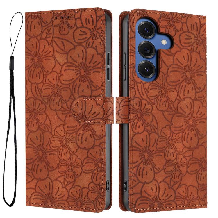 For Samsung Galaxy S26 5G Cherry Blossoms Embossed Leather Phone Case(Brown)