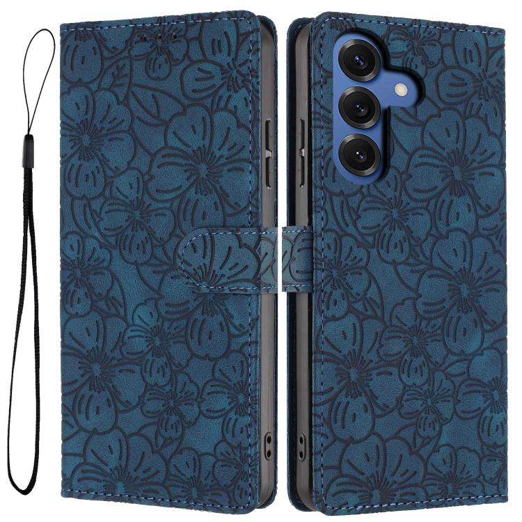 For Samsung Galaxy S26 5G Cherry Blossoms Embossed Leather Phone Case(Dark Blue)