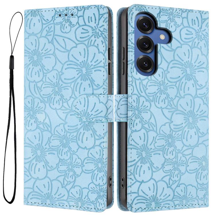 For Samsung Galaxy S26 5G Cherry Blossoms Embossed Leather Phone Case(Light Blue)