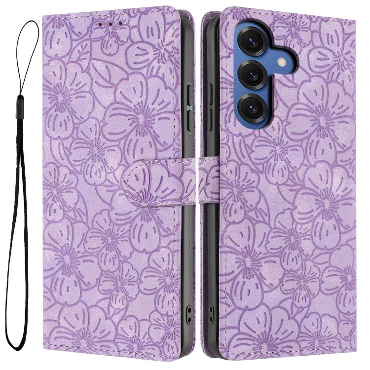 For Samsung Galaxy S26 5G Cherry Blossoms Embossed Leather Phone Case(Purple)