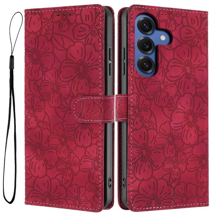 For Samsung Galaxy S26 5G Cherry Blossoms Embossed Leather Phone Case(Red)