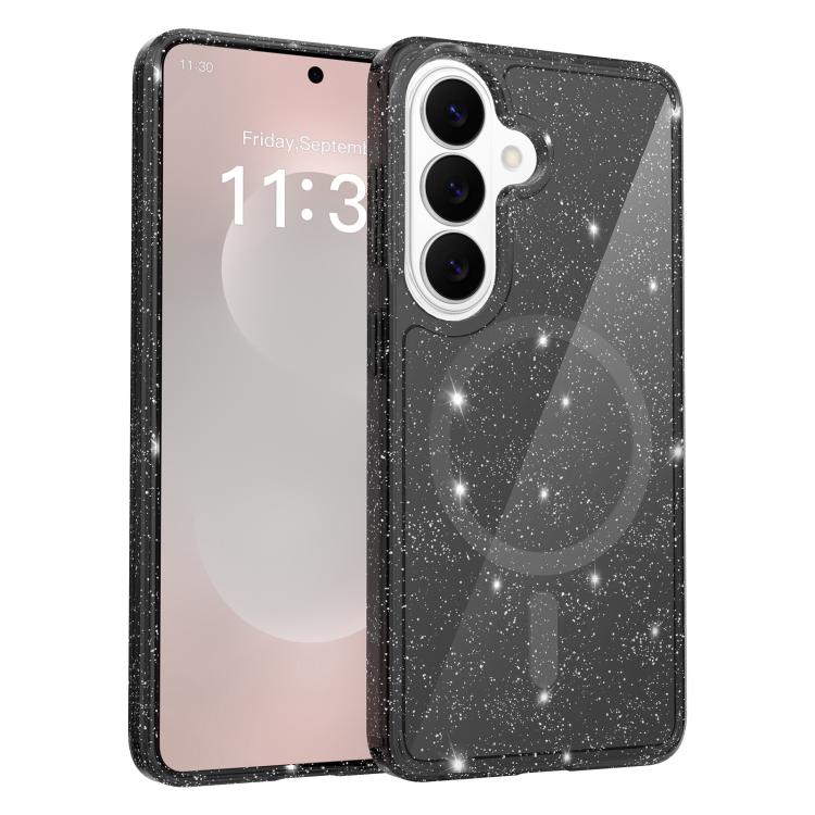 For Samsung Galaxy S26 5G Clear Glitter Magnetic PC Hybrid TPU Phone Case(Black)