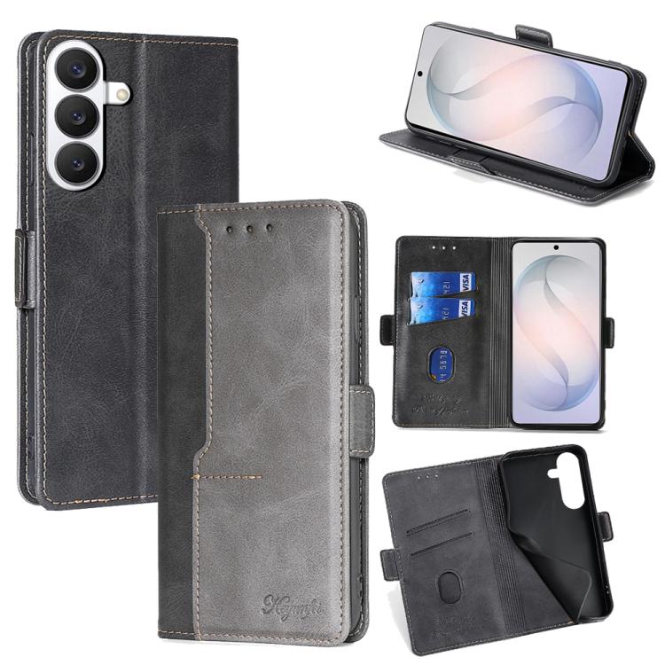 For Samsung Galaxy S26 5G Contrast Color Side Buckle Leather Phone Case(Black + Grey)