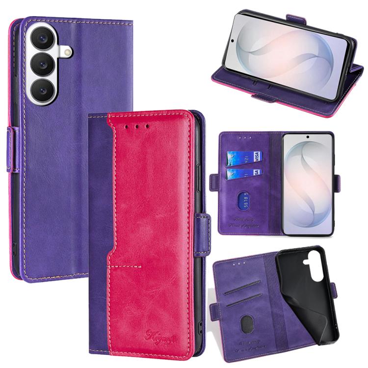 For Samsung Galaxy S26 5G Contrast Color Side Buckle Leather Phone Case(Purple + Rose Red)