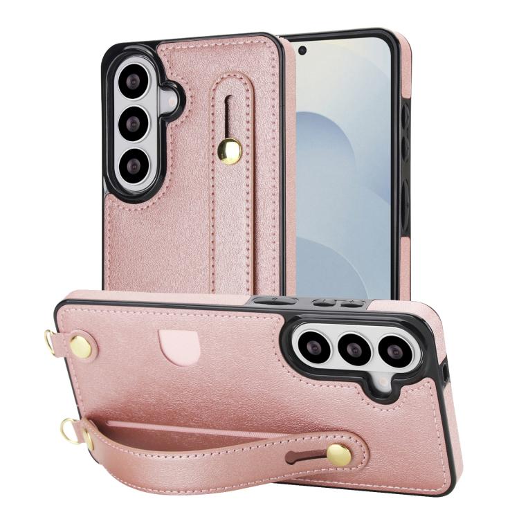 For Samsung Galaxy S26 5G Cross-body Wristband Holder Square Phone Case(Rose Gold)