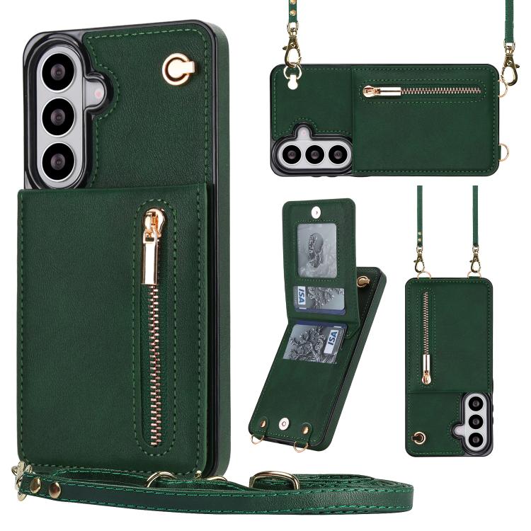 For Samsung Galaxy S26 5G Cross-body Zipper Square Phone Case with Holder(Green)