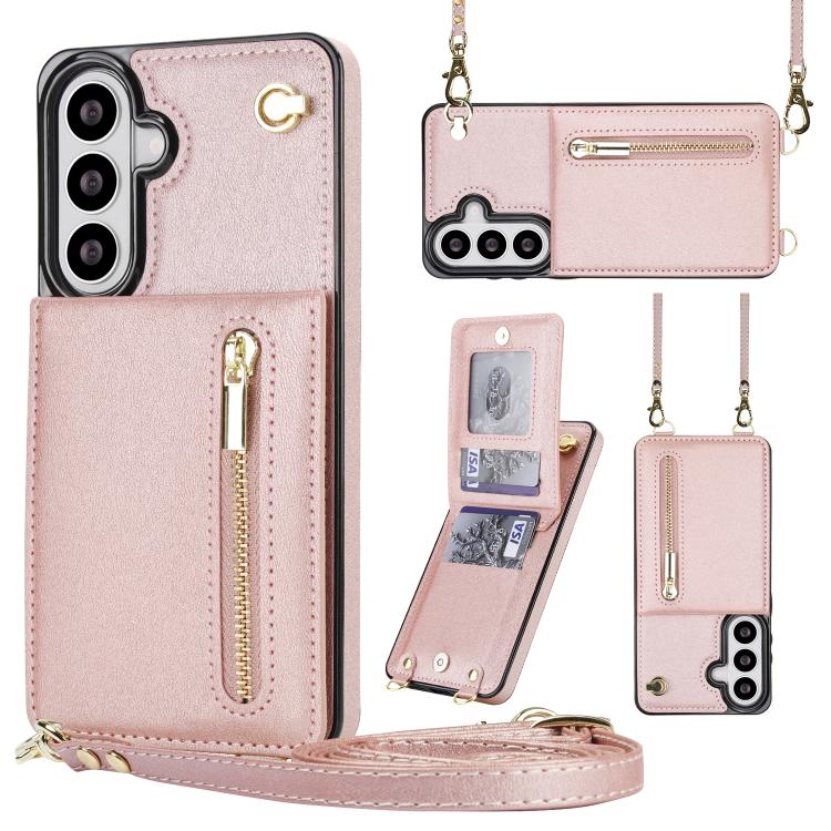 For Samsung Galaxy S26 5G Cross-body Zipper Square Phone Case with Holder(Rose Gold)