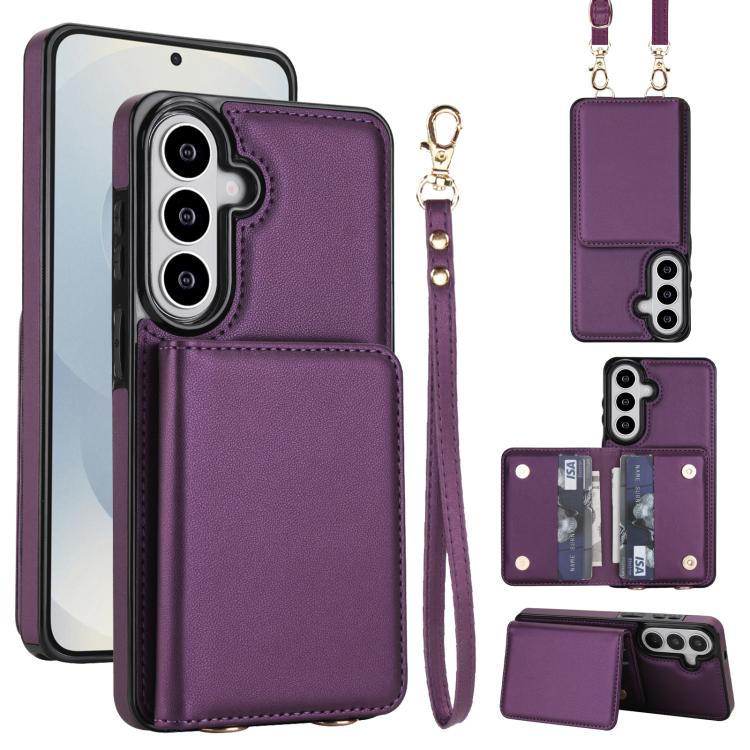 For Samsung Galaxy S26 5G Crossbody Dual-buckle Wallet RFID Back Leather Phone Case(Dark Purple)