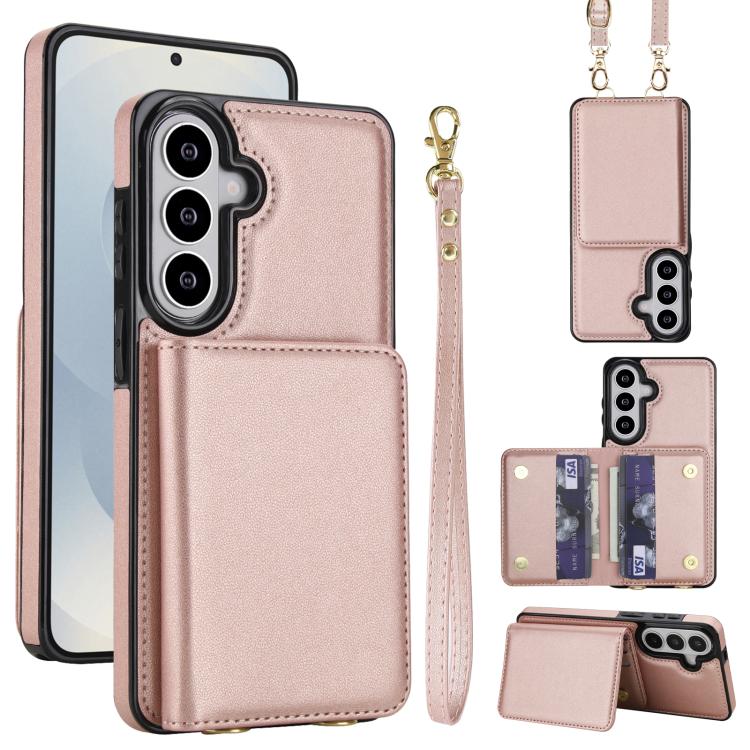 For Samsung Galaxy S26 5G Crossbody Dual-buckle Wallet RFID Back Leather Phone Case(Rose Gold)
