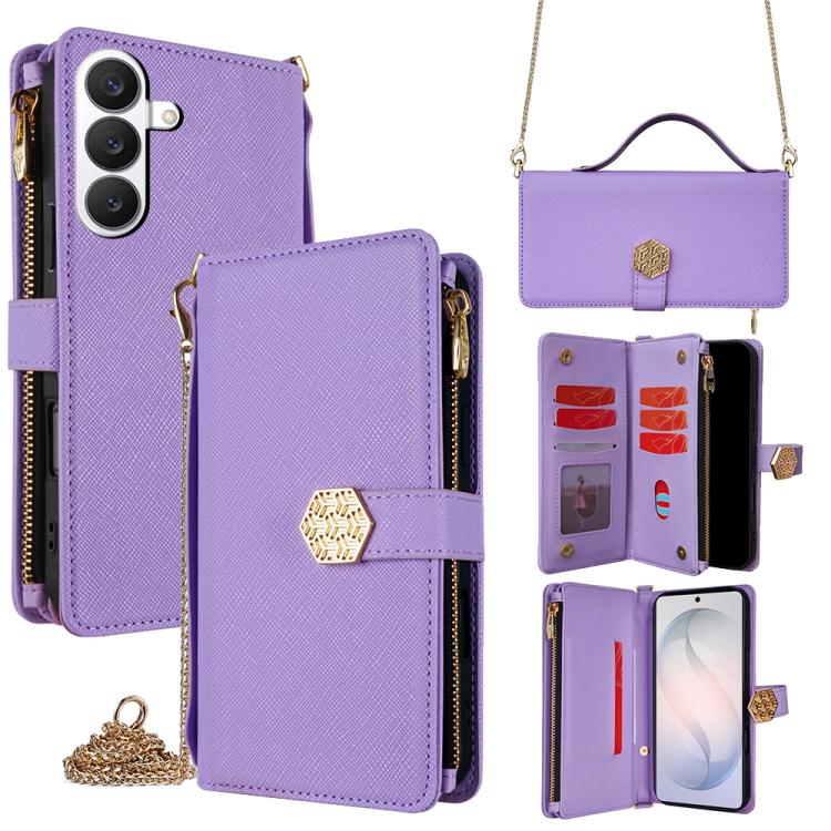 For Samsung Galaxy S26 5G Crossbody Handle Cross Texture Leather Phone Case(Purple)