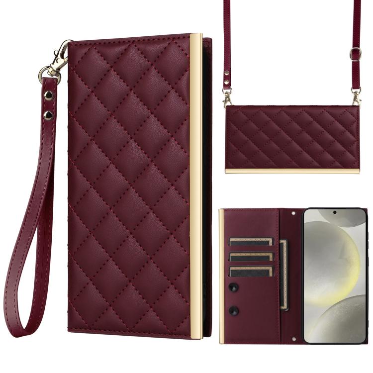 For Samsung Galaxy S26 5G Crossbody Rhombic Sucker Leather Phone Case(Claret)