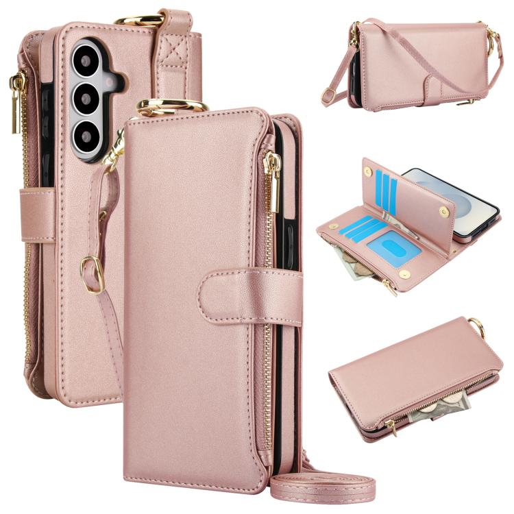 For Samsung Galaxy S26 5G Crossbody Ring Multifunctional Wallet Leather Phone Case(Rose Gold)