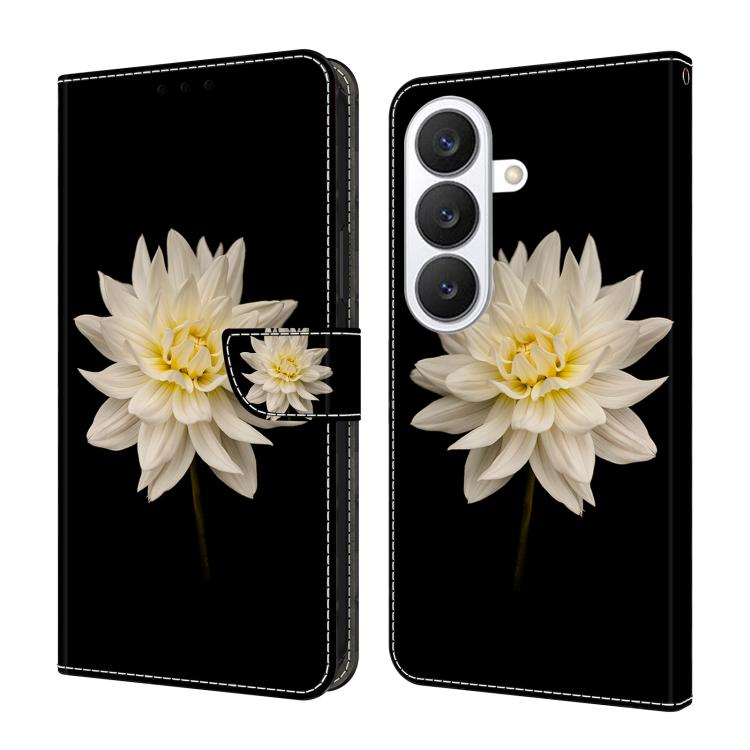 For Samsung Galaxy S26 5G Crystal-Like Painted Vegan Leather Phone Case(Black Background White Flowers)