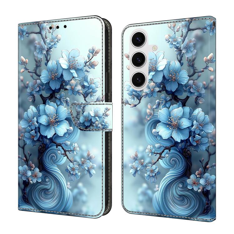 For Samsung Galaxy S26 5G Crystal-Like Painted Vegan Leather Phone Case(Icy Blue Blossoms)