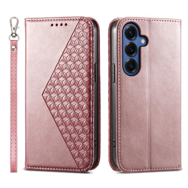 For Samsung Galaxy S26 5G Cubic Grid Calf Texture Magnetic Leather Phone Case(Rose Gold)