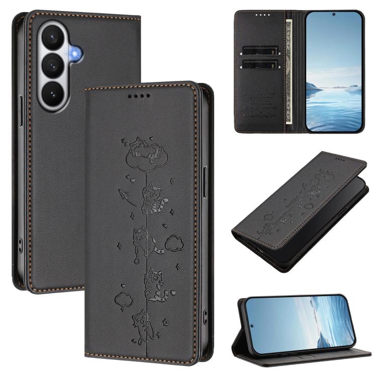 For Samsung Galaxy S26 5G Cute Cats Embossed Magnetic RFID Vegan Leather Phone Case(Black)