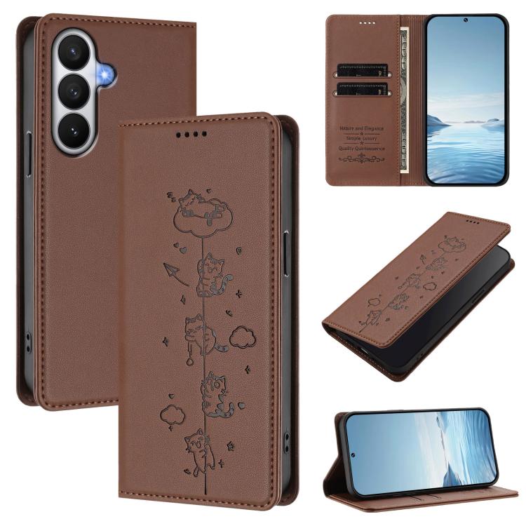 For Samsung Galaxy S26 5G Cute Cats Embossed Magnetic RFID Vegan Leather Phone Case(Brown)