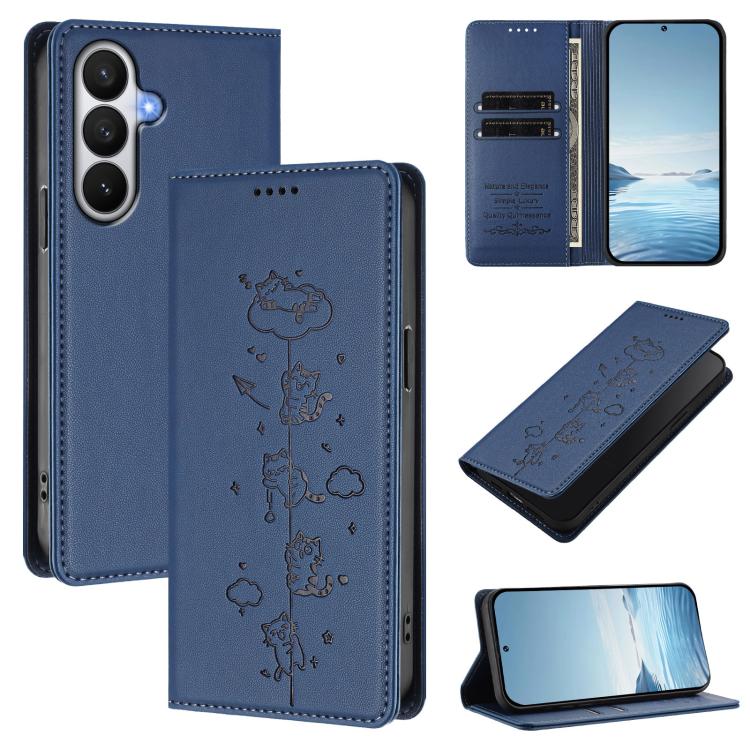 For Samsung Galaxy S26 5G Cute Cats Embossed Magnetic RFID Vegan Leather Phone Case(Dark Blue)