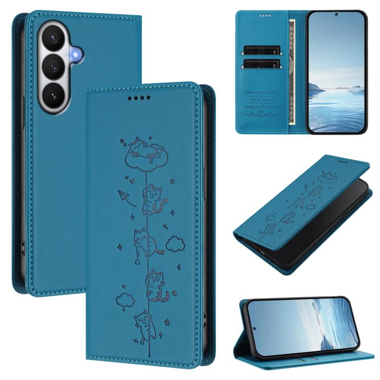 For Samsung Galaxy S26 5G Cute Cats Embossed Magnetic RFID Vegan Leather Phone Case(Lake Blue)