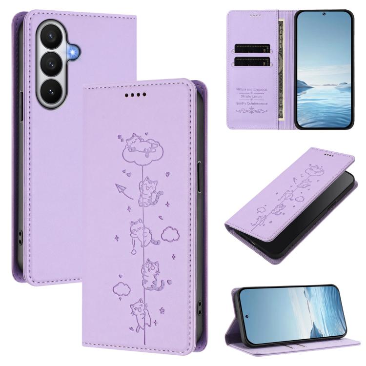 For Samsung Galaxy S26 5G Cute Cats Embossed Magnetic RFID Vegan Leather Phone Case(Light Purple)