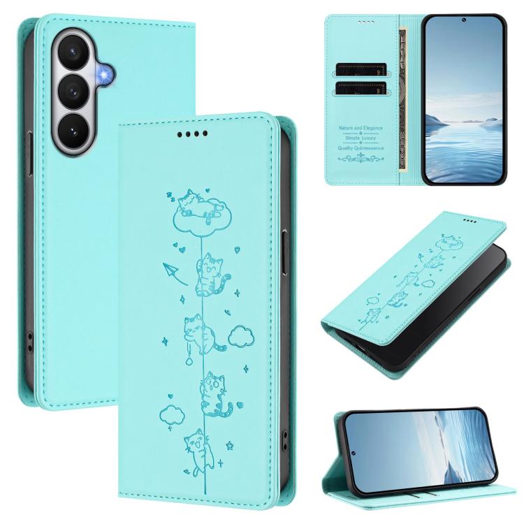 For Samsung Galaxy S26 5G Cute Cats Embossed Magnetic RFID Vegan Leather Phone Case(Mint Green)