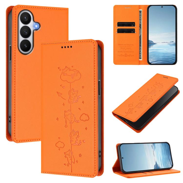 For Samsung Galaxy S26 5G Cute Cats Embossed Magnetic RFID Vegan Leather Phone Case(Orange)