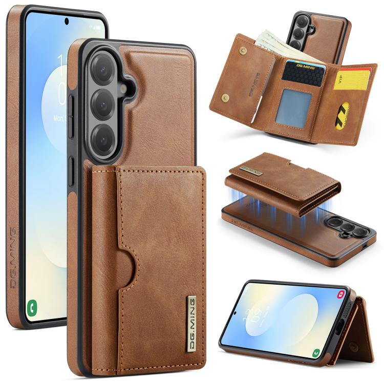For Samsung Galaxy S26 5G DG.MING M6 Series RFID Tri-fold Card Bag Removable Leather Phone Case(Brown)