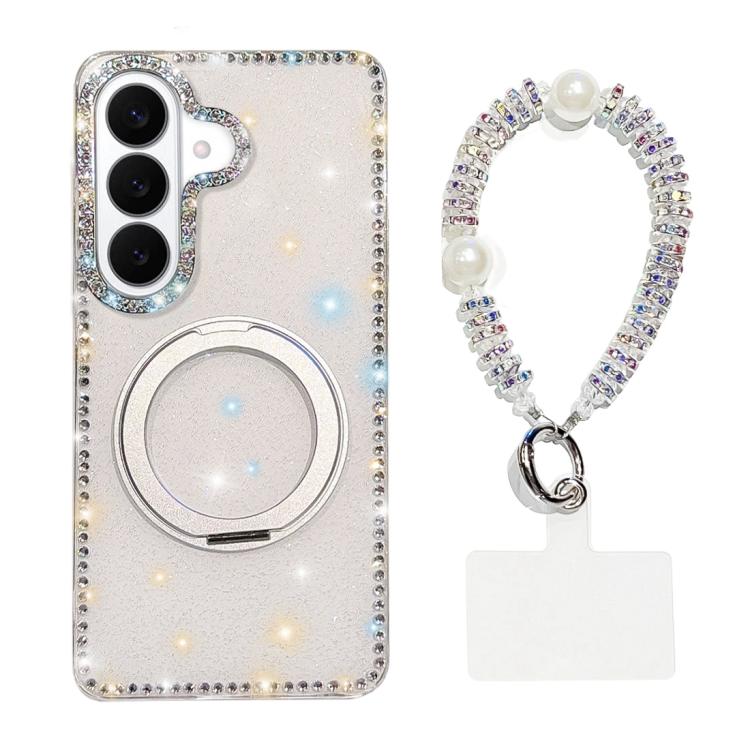 For Samsung Galaxy S26 5G Diamond IMD 360 Rotation Magnetic Metal Holder Phone Case with Strap(Glitter White)
