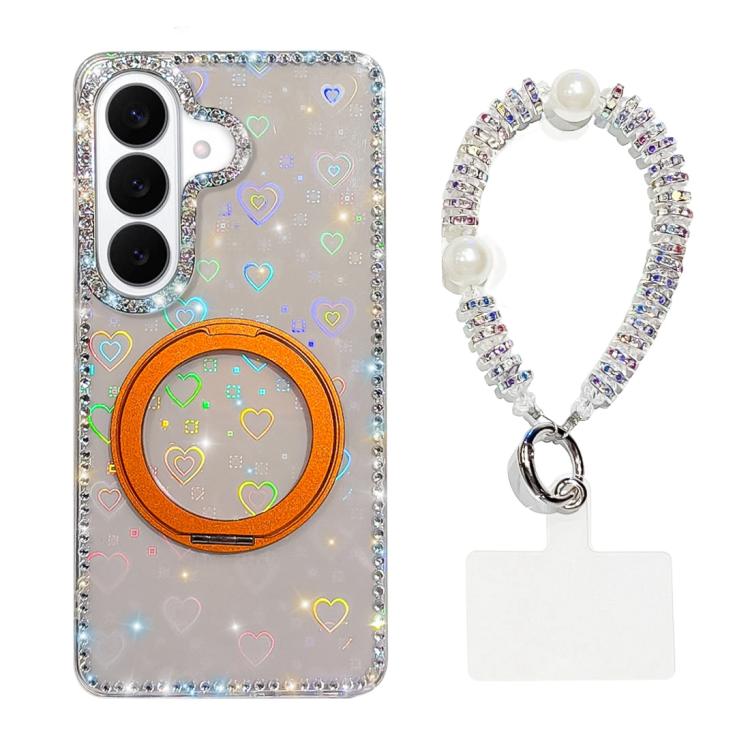 For Samsung Galaxy S26 5G Diamond IMD 360 Rotation Magnetic Metal Holder Phone Case with Strap(Love Transparent)