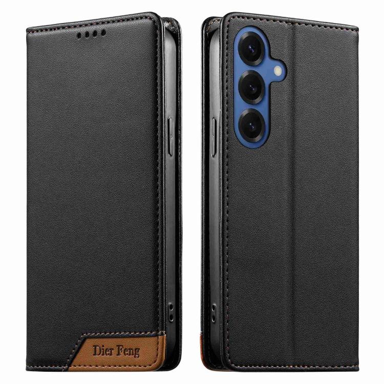 For Samsung Galaxy S26 5G Dierfeng Splicing Strong Magnetic RFID Vegan Leather Phone Case(Black)