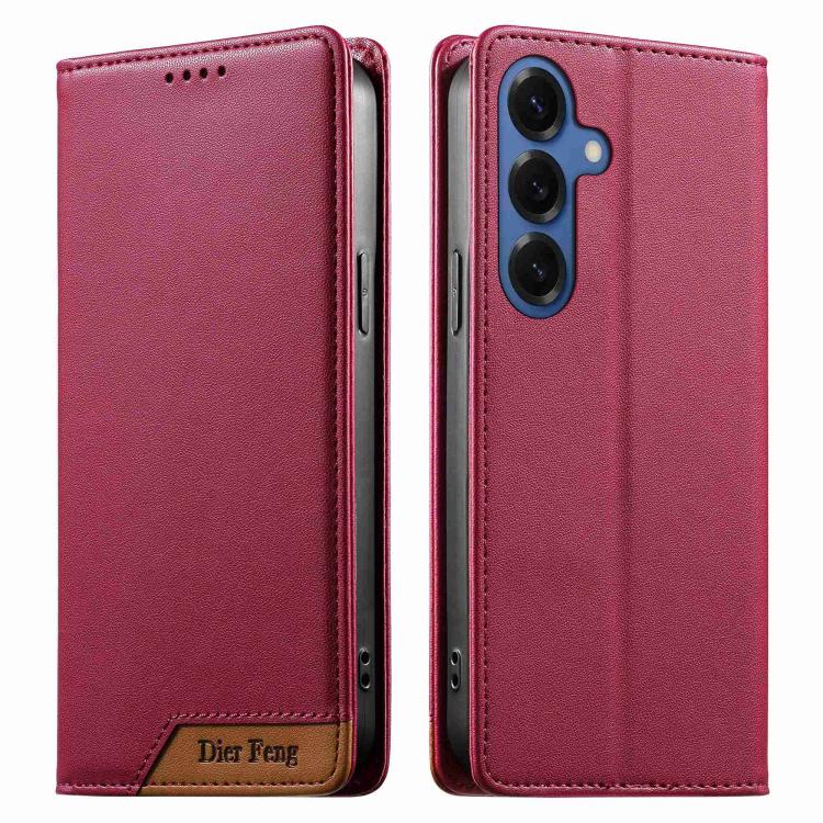 For Samsung Galaxy S26 5G Dierfeng Splicing Strong Magnetic RFID Vegan Leather Phone Case(Red)