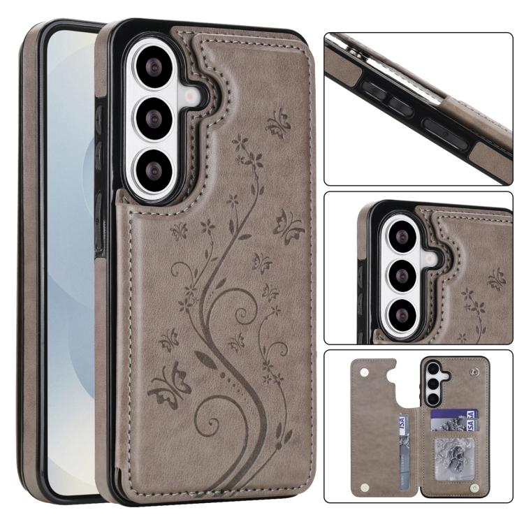 For Samsung Galaxy S26 5G Double Buckle Butterfly Embossing PU Phone Case(Grey)