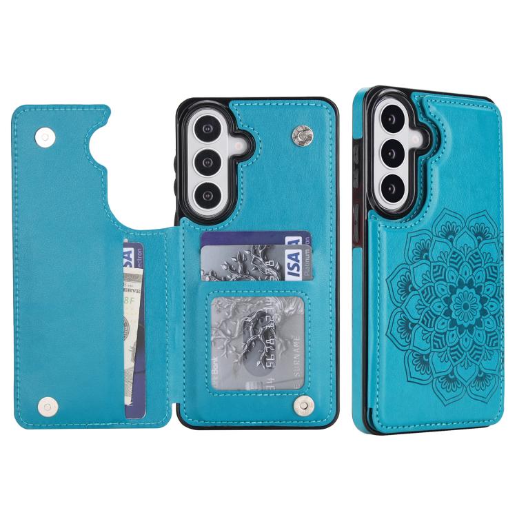 For Samsung Galaxy S26 5G Double Buckle Mandala Leather Wallet Back Cover Phone Case(Blue)