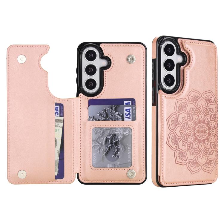 For Samsung Galaxy S26 5G Double Buckle Mandala Leather Wallet Back Cover Phone Case(Rose Gold)