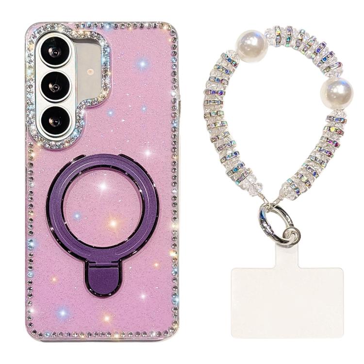 For Samsung Galaxy S26 5G Double-Sided IMD Rhinestone Magnetic Holder Shockproof Phone Case With Bracelet(Glitter Purple)