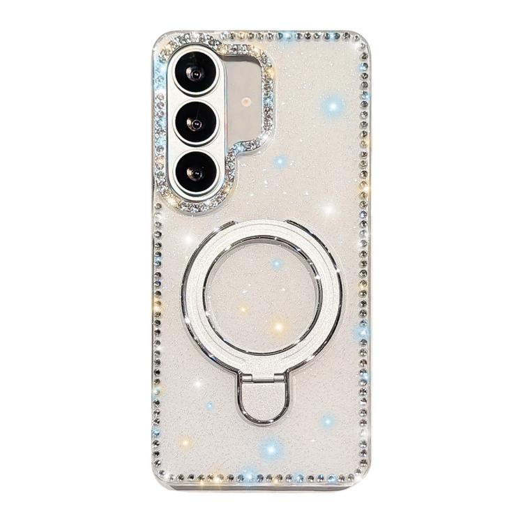 For Samsung Galaxy S26 5G Double-Sided IMD Rhinestone Magnetic Holder Shockproof Phone Case(Glitter White)